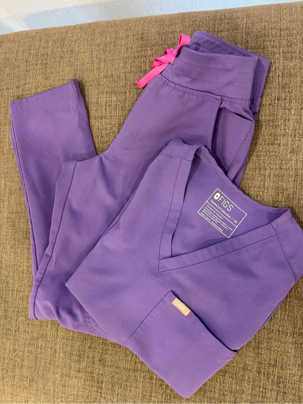 Figs Purple Scrub Set with Pink Drawstring Accent